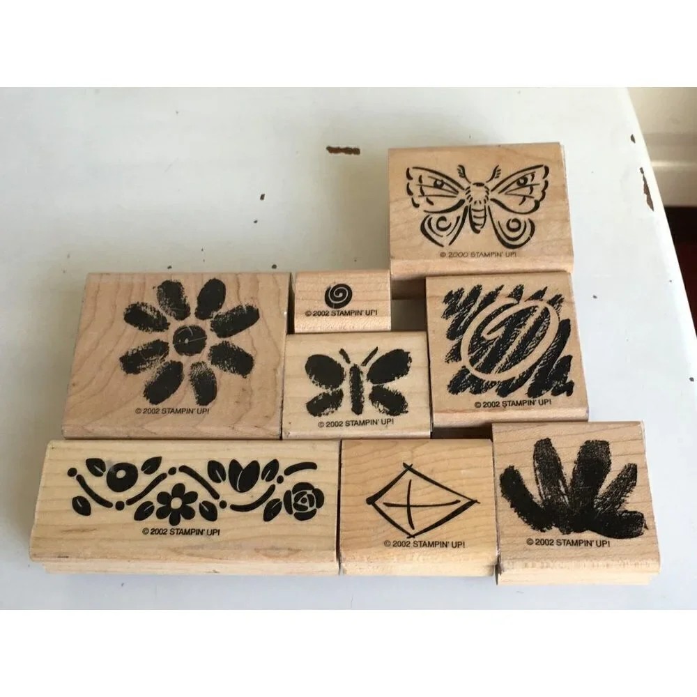 7~2002 New Retired Stampin Up Wood‎ Rubber Mounted Stamps Butterfly, Flowers